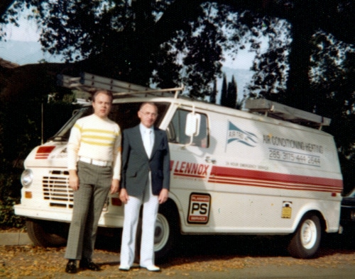 Air-Tro founder John Helbing and his father Anton. Air-Tro founder John Helbing standing with his father Anton outside the early company truck, circa 1970