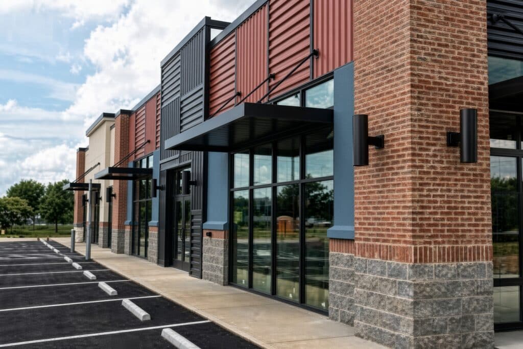 commercial retail storefront hvac Modern multi-tenant commercial retail building with brick and metal facade, glass storefronts, and parking lot — a typical building type that needs a properly matched HVAC system